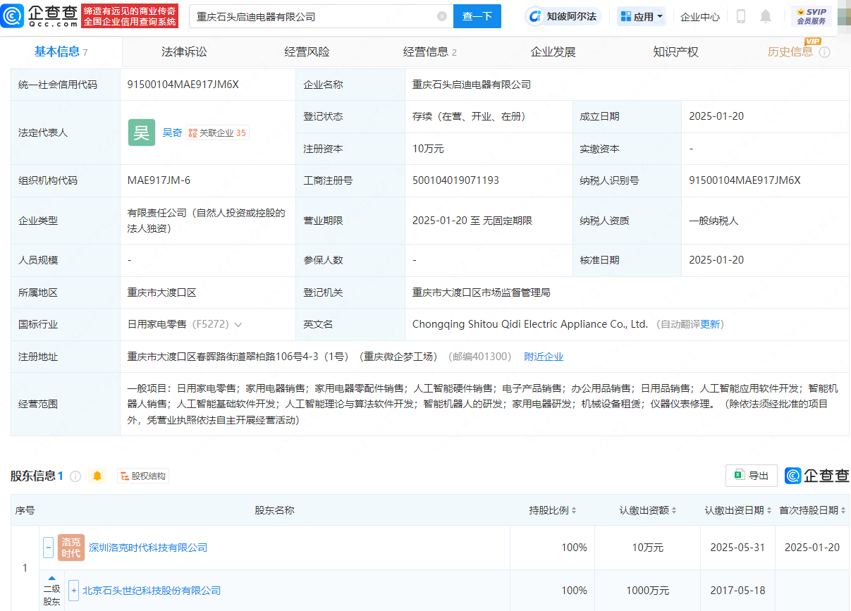 石頭科技布局新領域，新設電器公司涉足智能機器人銷售:電器銷售公司